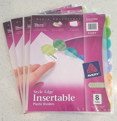 4 pkgs AVERY 11201 Style Edge Insertable Plastic Dividers 8 count each PVC Free