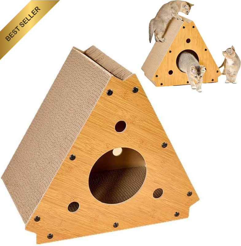Triangular Cat Scratcher Cardboard House with Ball Toy | Stable 6-Sided Triangul