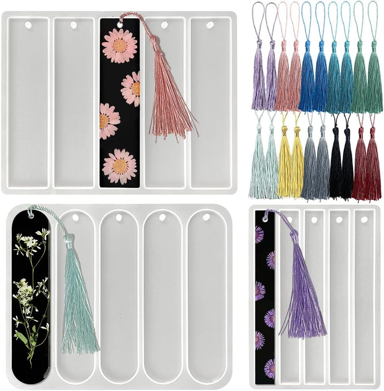 Set of 3 Shiny Bookmarks Silicone Mold, Bookmark Resin Mold with Tassels, Small