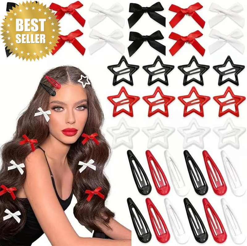 Hair Accessories Set, 36 Pieces, Star Hair Clips and Mini Bows in Black, Red, Wh