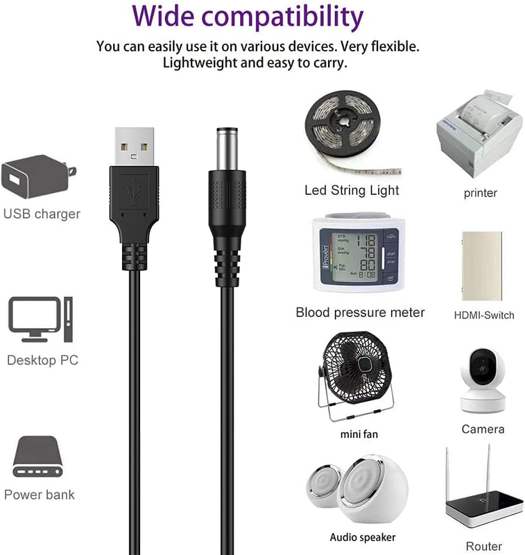 USB to DC 5V Power Cord, Universal DC 5.5x2.1mm Plug Jack Charging Cable with 10