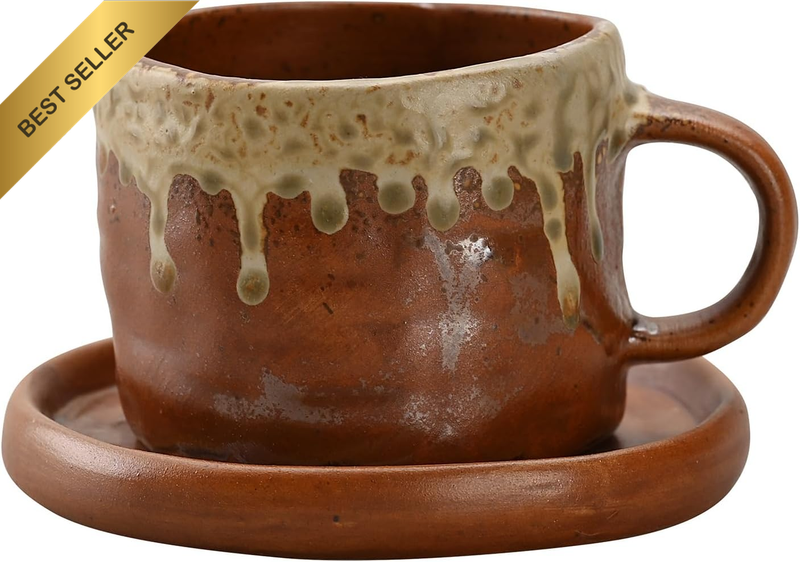 Handcrafted Rustic Japanese Style Ceramic Coffee Cup & Saucer