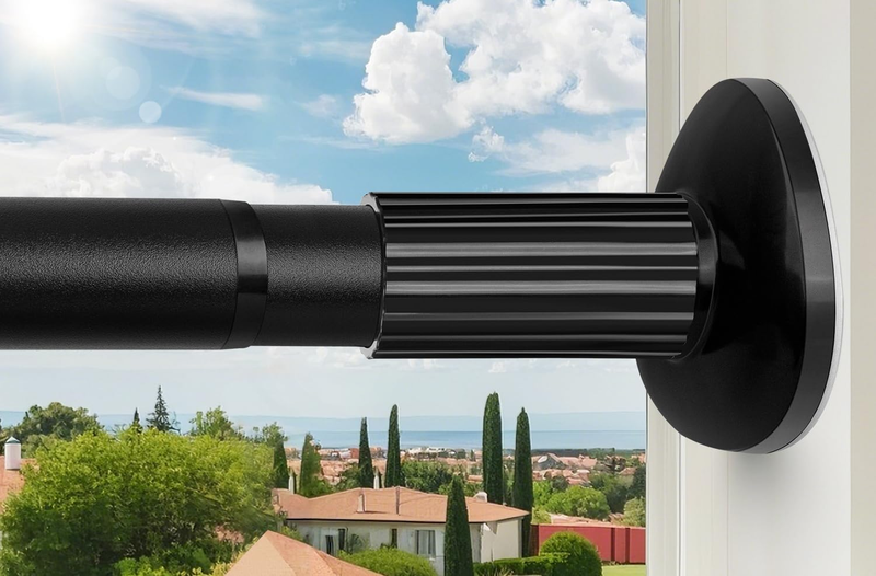 Tension Curtain Rod 51-165 Inch, Extra Long Curtain Rod No Drilling for Window or Bathroom, Outdoor Curtain Rods for Patio, Easy to Install, Never Rust, Rod Diameter 1.26 Inches-Black