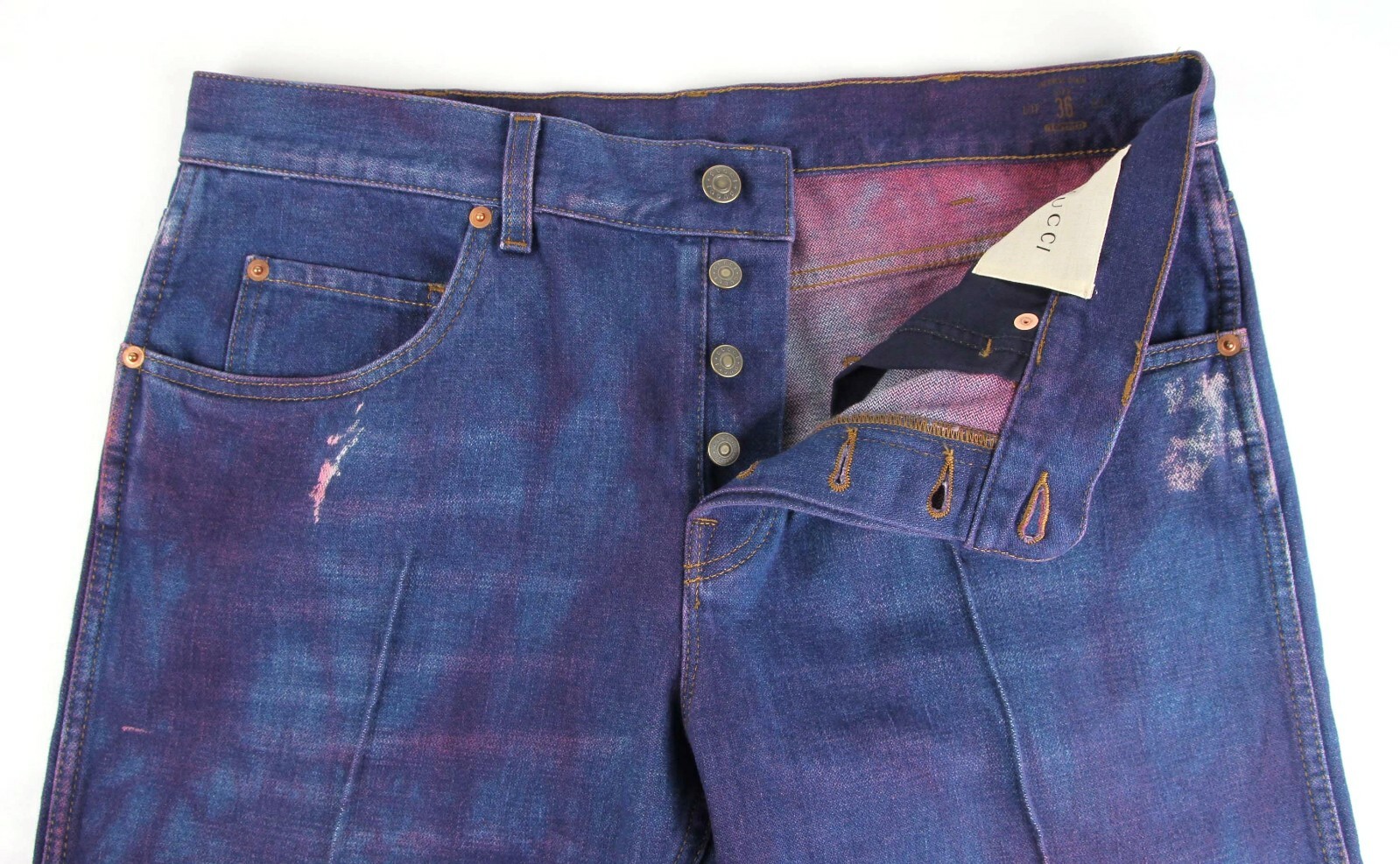 Pre-owned Gucci Men's Dark Blue/pink Stone Washed Distressed Denim Us 36 475254 4403