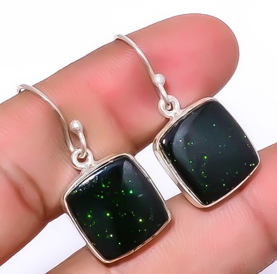Green Sunstone Handmade 925 Sterling Silver Earring 1.37'' A394
