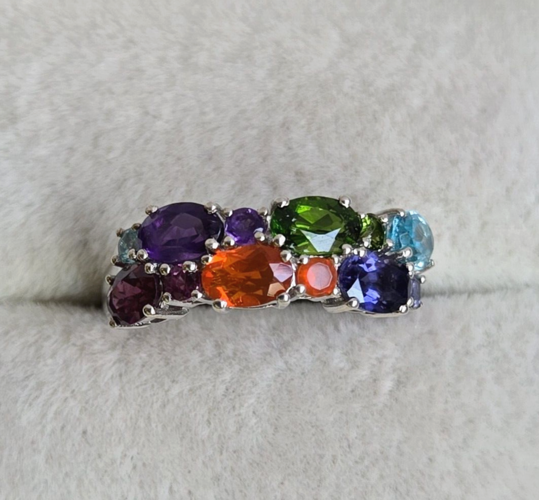 Mixed Gemstone Double-Row Ring in Platinum Over Sterling