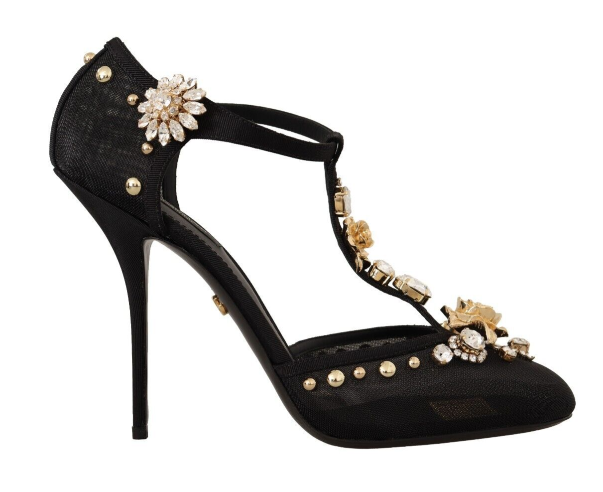 

DOLCE - GABBANA Shoes Черные туфли-лодочки на каблуке с Т-образным ремешком и сетчатыми кристаллами EU39/US8,5 $2200, Черный