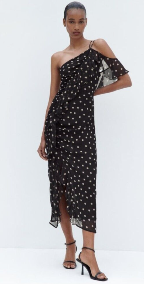 Zara Women's Medium Dress Black w/ White Polka Dots Ruffles