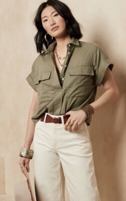 Banana Republic Essential Roll-Cuff Shirt Size XXL, Olive Green, NWT #836881