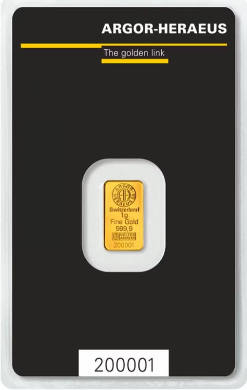 Goldbarren 1 Gramm  999.9 Gold Argor - Heraeus  Original Geblistert