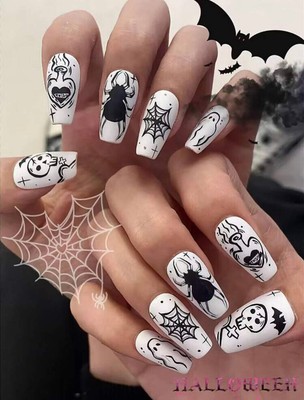 White & Black Halloween Spider bat skull ghost potion Press On Nails NEW NIB
