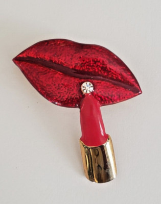 Red Enameled Sparkly Lips Lipstick Gold Tone Pin Brooch Vintage 2  fashion 80s
