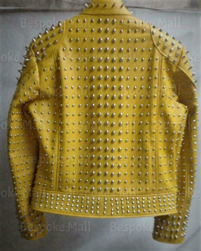 Pre-owned Handmade Woman's Yellow Silver Spiked Studded Unique Cowhide Biker Leather Jacket-737