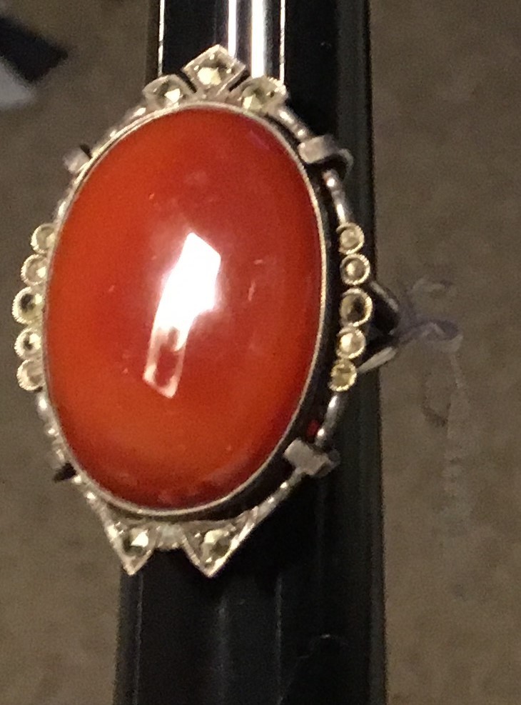 Fabulous Art Deco Silver Ring Carnelian Marcasite Size 8 1/2