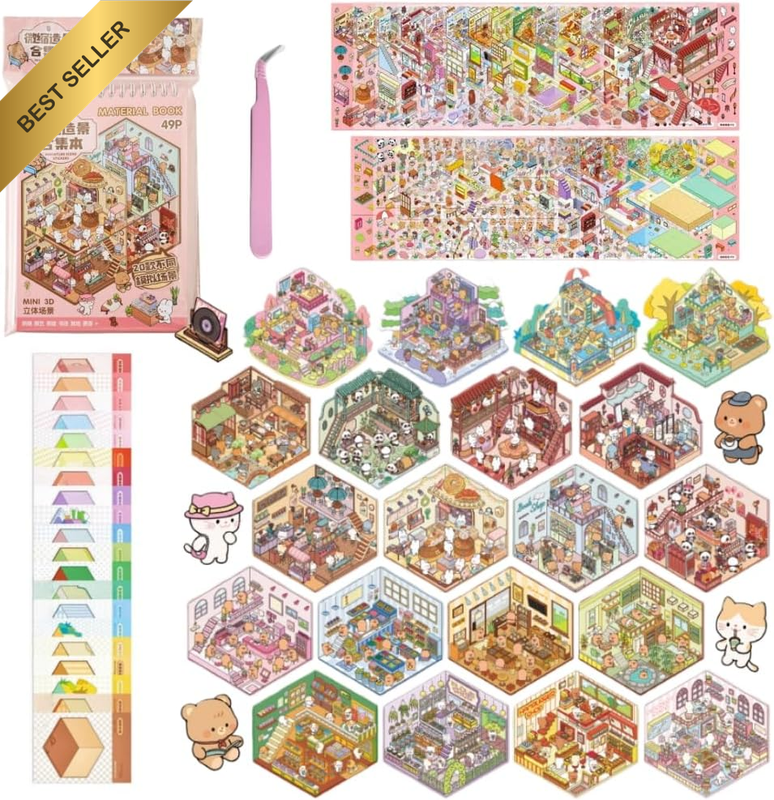 20 Sets DIY 3D Stickers Scene,3D Mini House Stickers Book Set for Adults with Tw