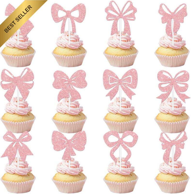 24Pcs Pink Bow Cupcake Toppers Bow Birthday Party Decorations Bowknot Cupcake Pi