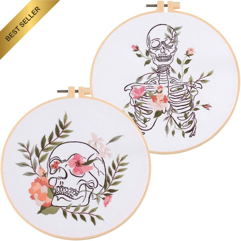 2 Sets Beginners Flower Skull Pattern Cross Stitch Kit, Including Embroidery Hoo