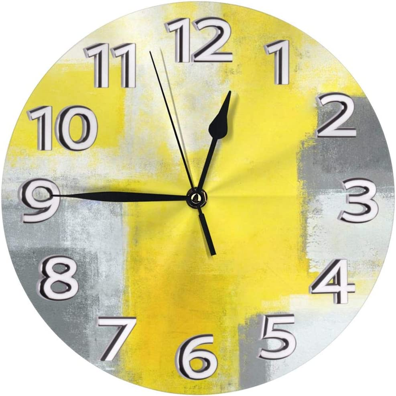 Grey and Yellow Abstract Art Painting White Wall Clock, Sile