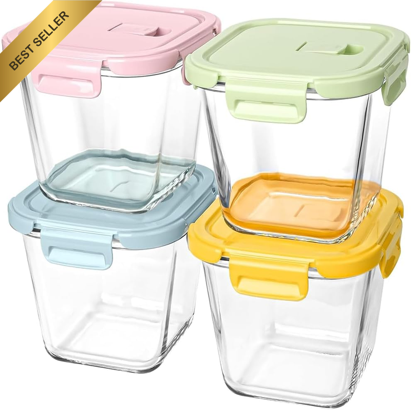 4 Pack Glass Food Storage Containers,Square Glass Meal Prep Storage Containers,M