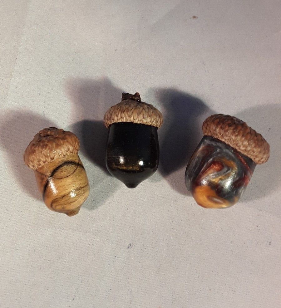 TURNED NATURAL EDGE BOWL WITH 3 COLORFUL ACORNS, CHINABERRY WOOD, OOAK, SIGNED