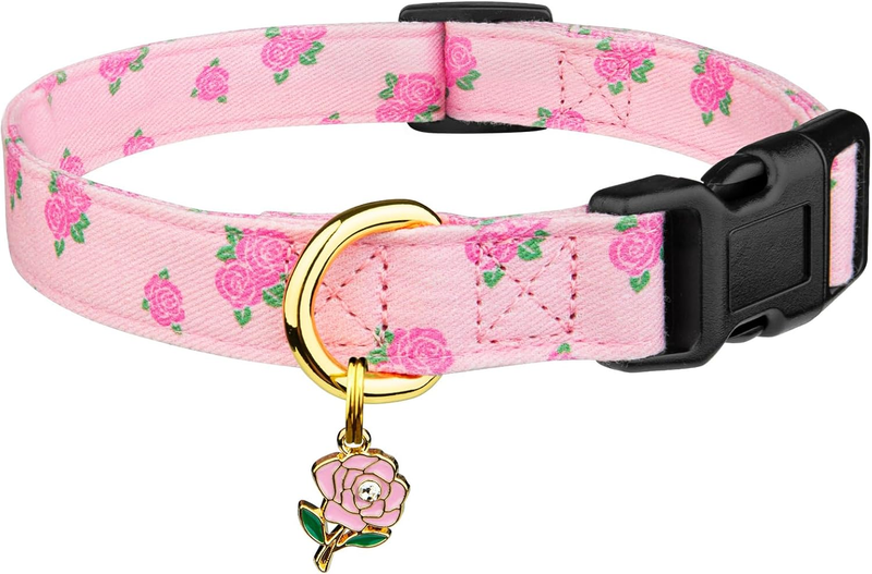 Cotton Handmade Dog Collar Cute and Distinctive Patterns Pink Rose with Pendant