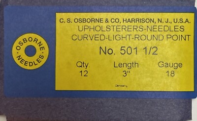 (12) Osborne 501 1/2-3  3'' Curved Round Point Light Upholstery Needles, 18 Gauge