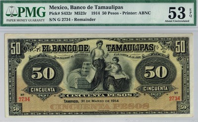 1914 $5 Mexico Banco De Tamaulipas Series H Remainder Uncirculated Pick# S429d