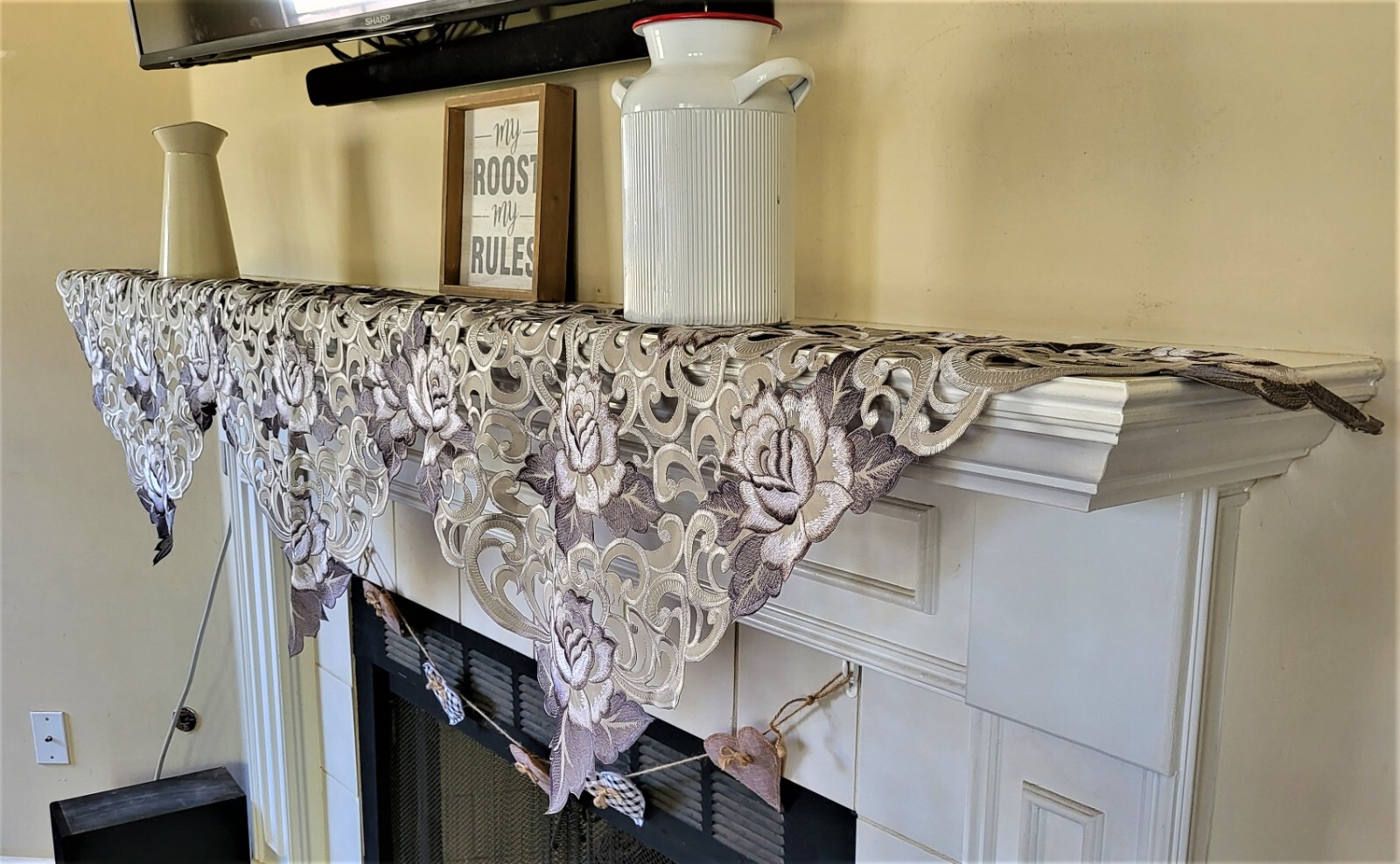 Doily Boutique Table Runner, Dresser Scarf,or Doily with Silver Gray Roses