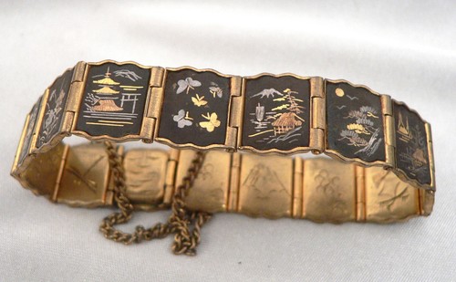 Vintage Japanese DAMASCENE BRACELET Scenic Gold Silver Inlay Engraved Japan
