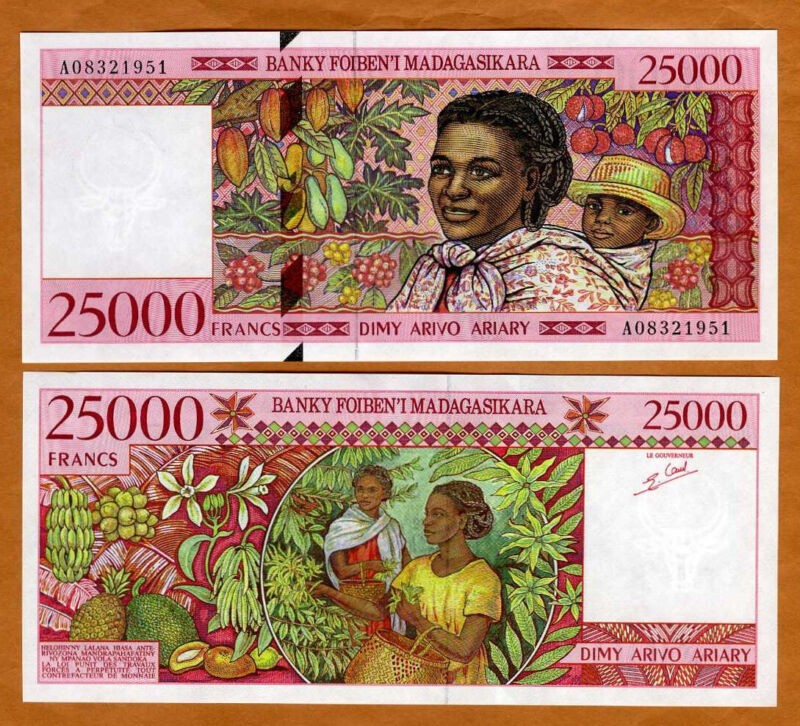 Madagascar, 25000 (25,000) Francs Nd (1998), P-82, A-prefix Unc Colorful