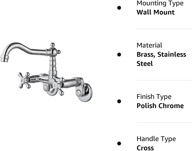 Aolemi Wall Mount Kitchen Faucet Polish Chrome 6 Inch Center Double Knobs Handle