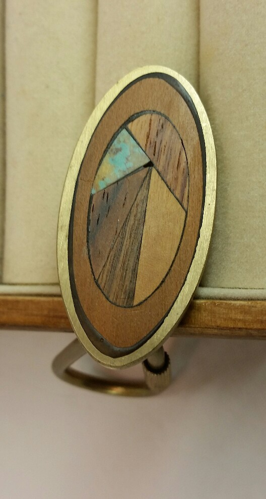 Vintage Sky West key chain Wooden Inlay Brass Turquoise Art Oval Unique Nice