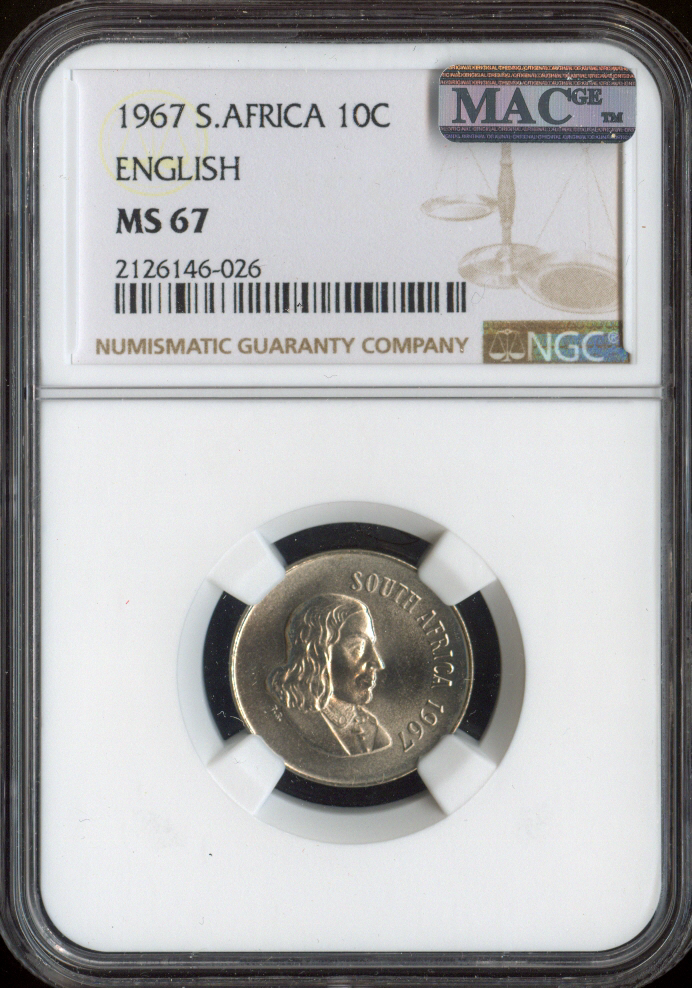 1967 South Africa 10 Cents NGC MS67 English Quality