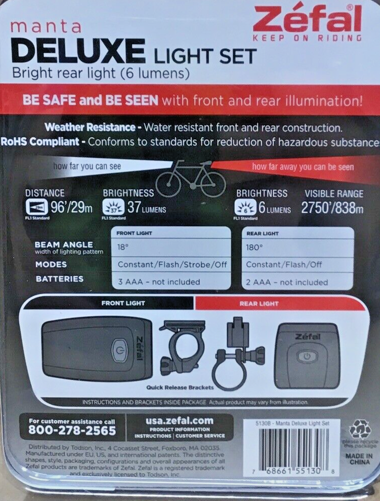 Zefal Manta Deluxe Bicycle Light Set 96&rsquo; Beam Bright Night Visibility Safety A24