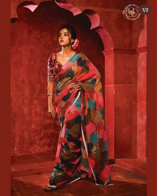 Sari Original Georgette With Digital Print Full Sequence Work Sari 11-GF11