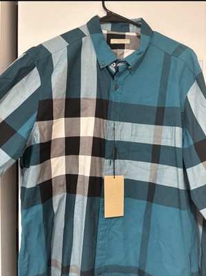 NWT Burbbery Brit Mens Dark Aqua Check Shirt Long Sleeve Button Down Shirt XL
