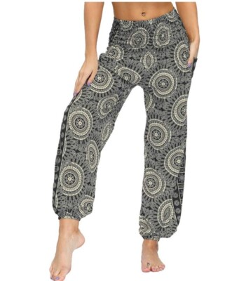 Nuofengkudu Women's Harem Hippie Pants Baggy Boho Patterned High Waist Smocked 