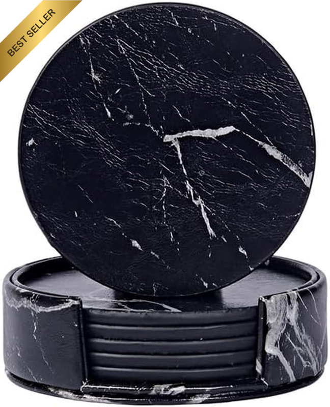 6Pcs Marble Texture Drink Coasters Set with Holder Round Waterproof Cup Mats