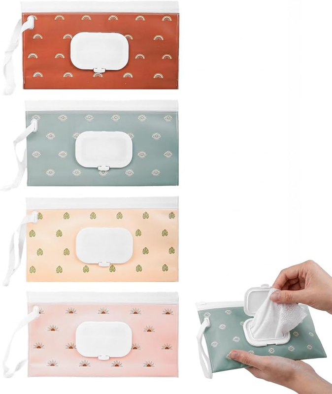 4 Pack Reusable Baby Wipe Pouch, Portable Wet Wipe Dispenser Bags with Flip-Top