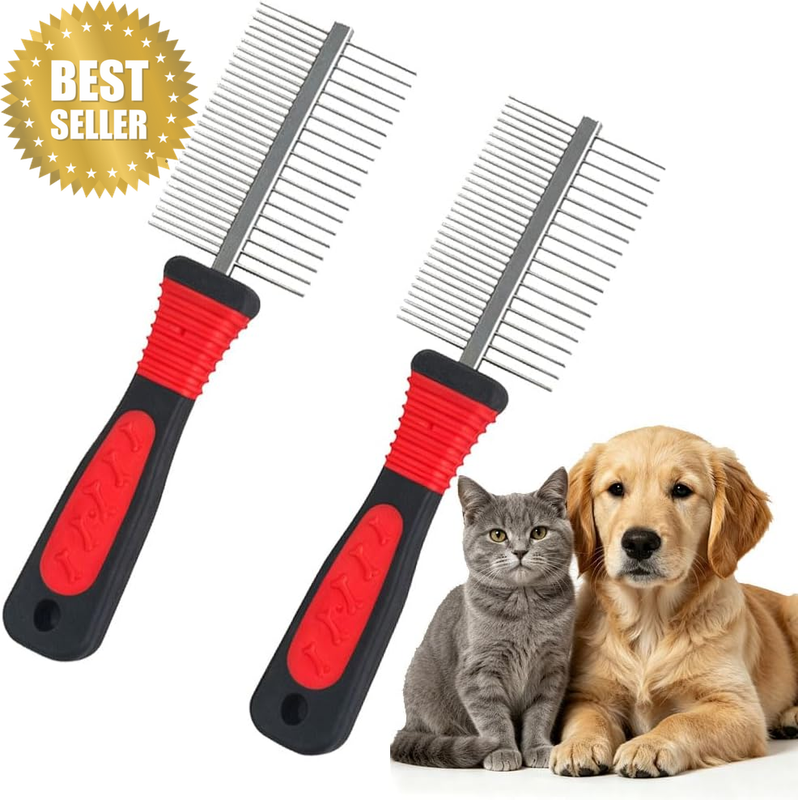 2Pcs Stainless Steel Double-Row Pet Comb for Dogs, Red Professional Dog Grooming