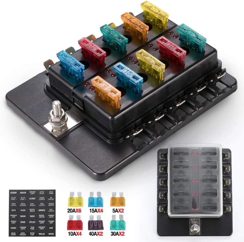 10-Way Fuse Box Blade Fuse Block Holder With Led Indicator For Blown Fuse