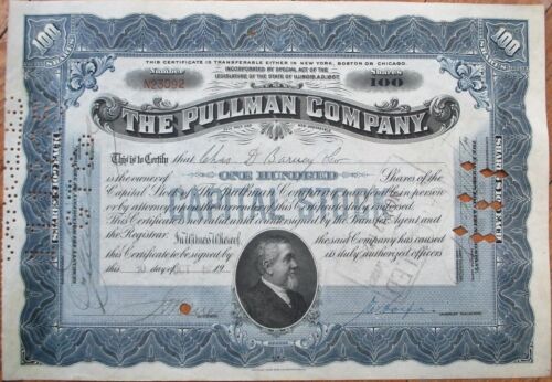 Pullman Company 1925 Railroad Stock Certificate, Blue, Republic Bank Note