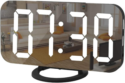 Digital Alarm Clock 6.5'' Large LED Mirror Display Dual USB Charger Port Clocks 