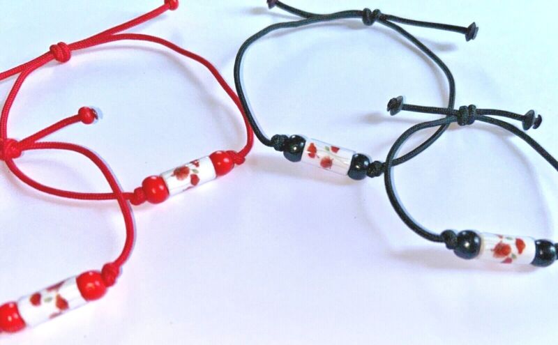 Paper Poppy Bead & Wooden Beads On Red Or Black Paracord Bracelet. Various Sizes