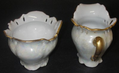 Antique Porcelain Sugar Bowl & Creamer Luster footed Gold Reticulated Embossed..