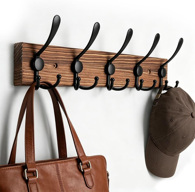 Wooden Wall Mount Coat Rack with 5 Triple Hooks | Pine Wood, Triple Hook Design,