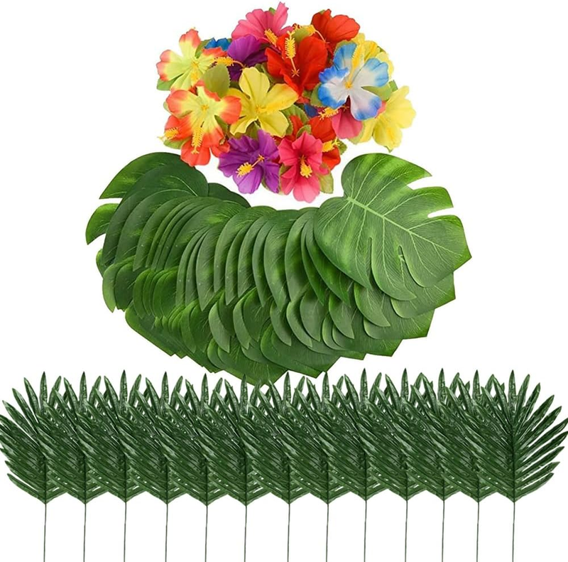 72Pcs Artificial Tropical Palm Leaves Silk Hibiscus Flowers 