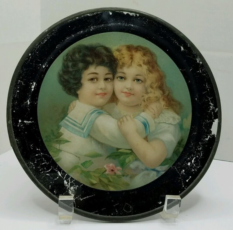 Antique Glass Flue Cover Beautiful Victorian Children Reverse Paint with Litho