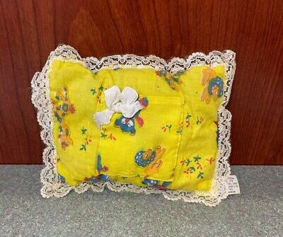 Vintage Tooth Fairy Pillow Yellow Animals Lions Lace Boarder 1960's Mid Century 