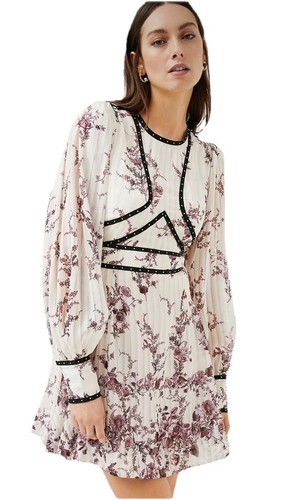 【KAREN MILLEN】ビスコースリネントップステッチ織り スカート Karen Millen X Rui Jiang Petite Wild Rose Garden Border Silk